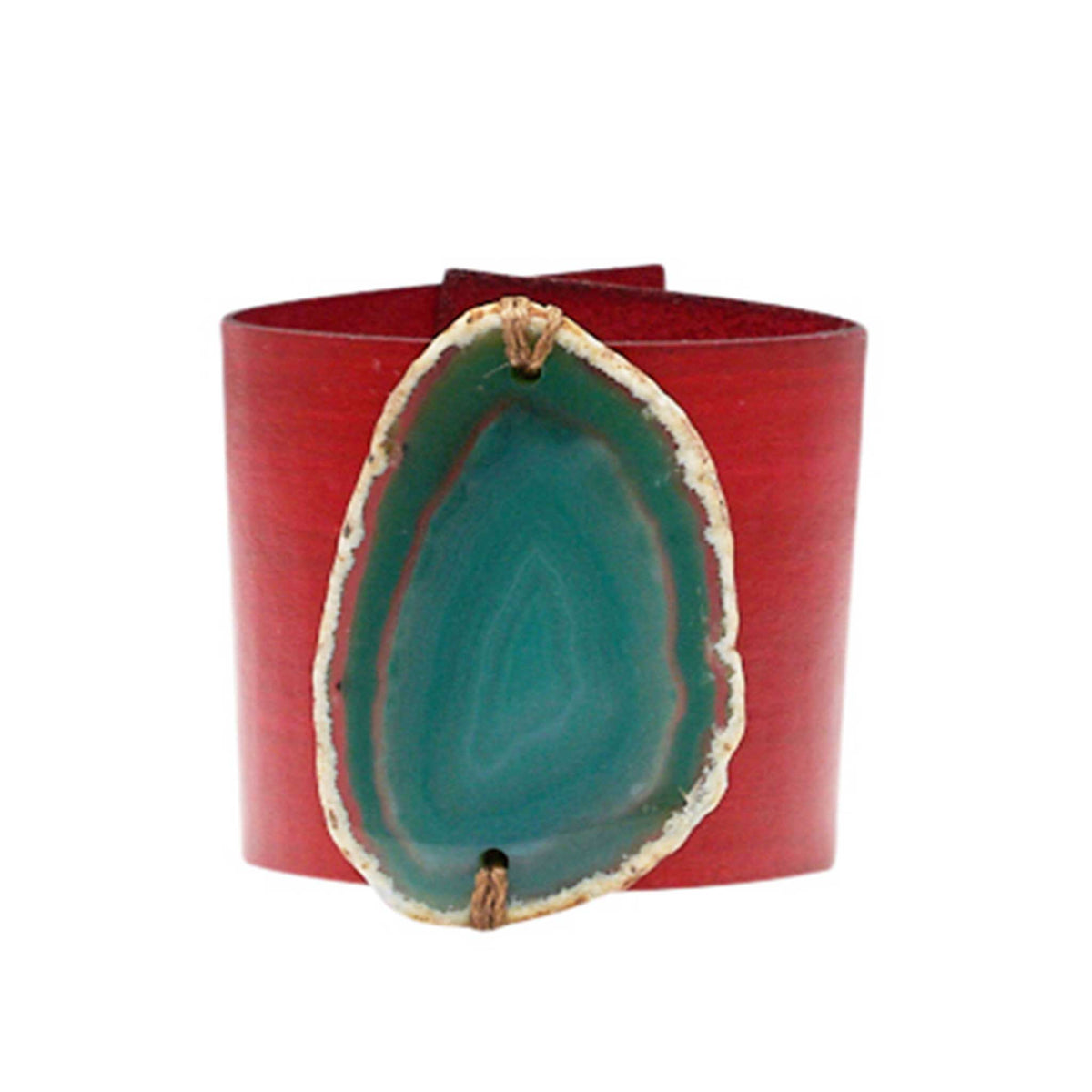 HANDCRAFTED CUFF - RED LEATHER WITH GREEN AGATE - 6CMREGR
